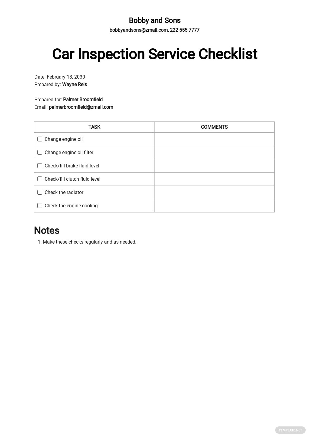 service checklist template