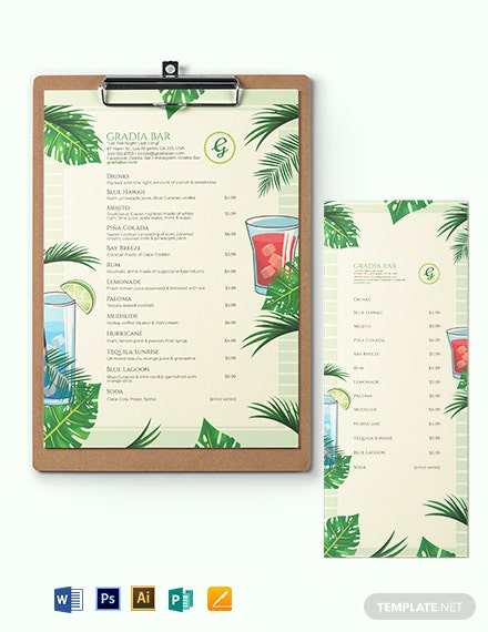 tropical cocktail menu template