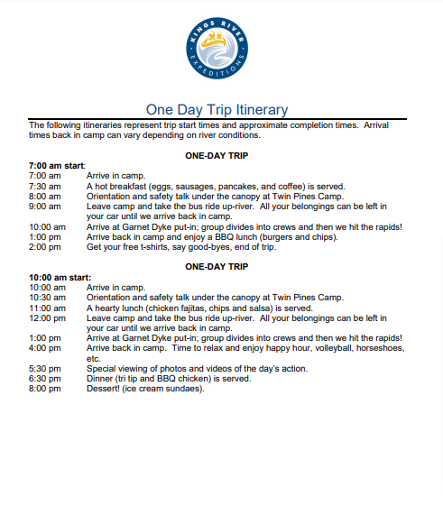 examples of tour itinerary