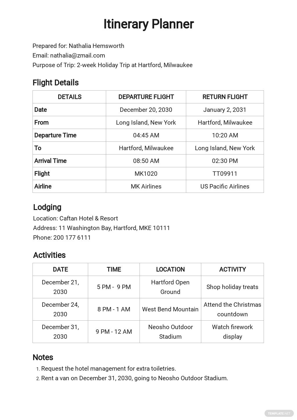 free blank itinerary planner template