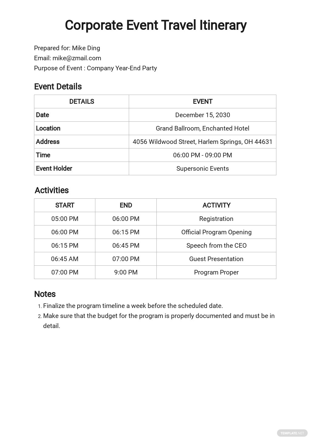 free corporate event travel itinerary template