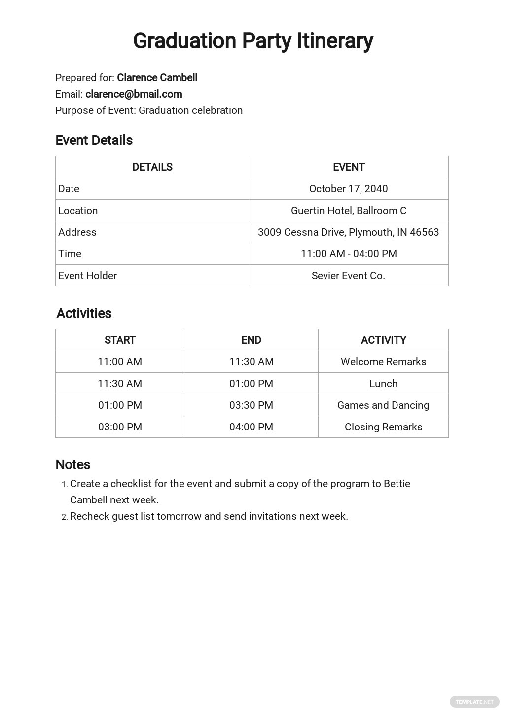 free graduation party itinerary template