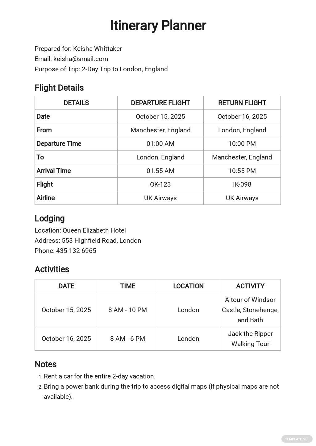 travel itinerary format uk