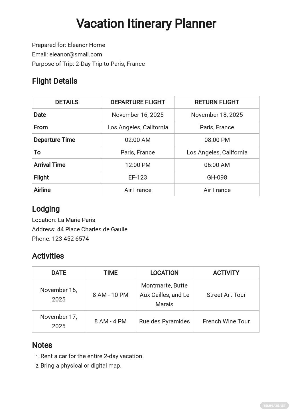 travel itinerary meaning example