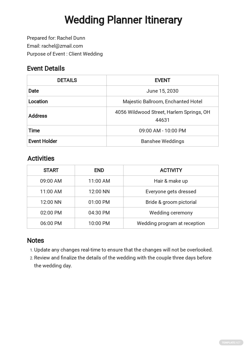 free wedding planner itinerary template1