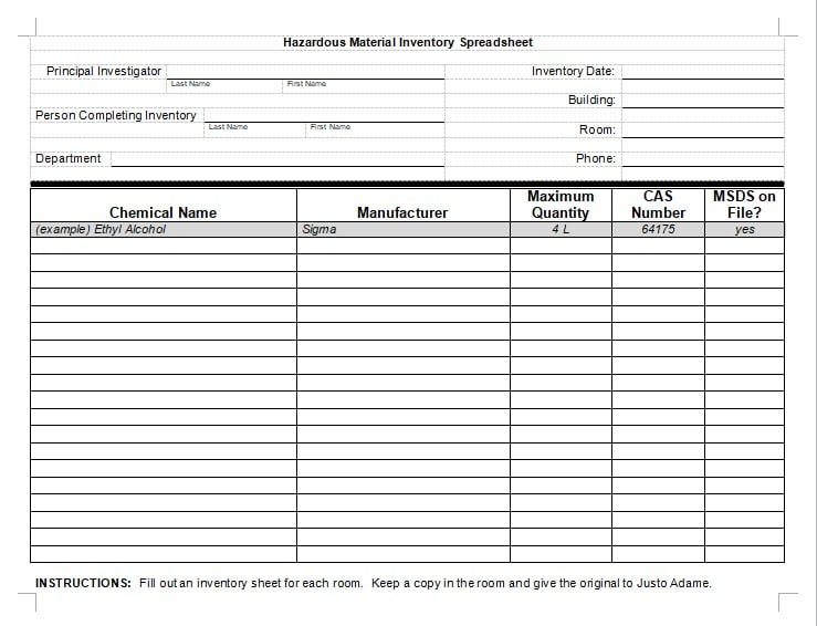 hazardous material inventory spreadsheet example