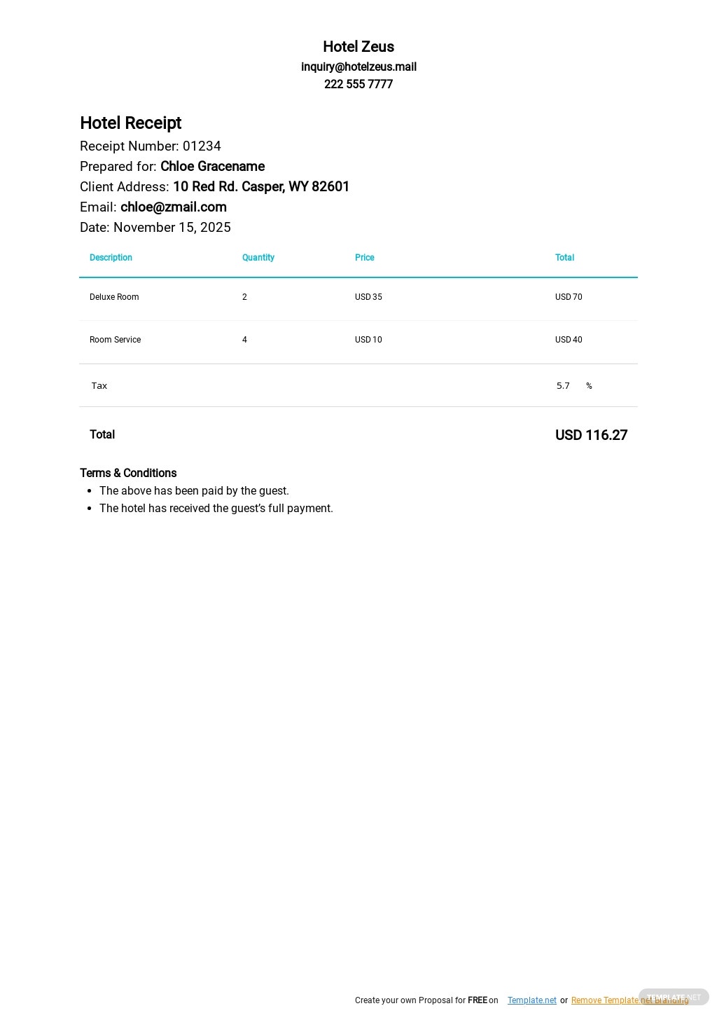 hotel receipt template