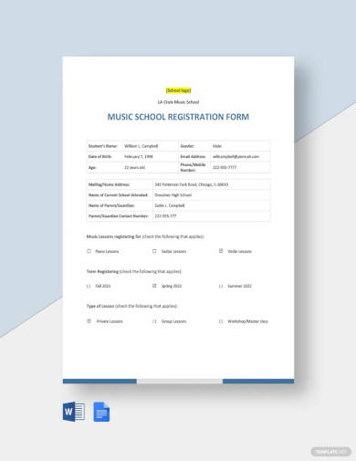 music school registration form template
