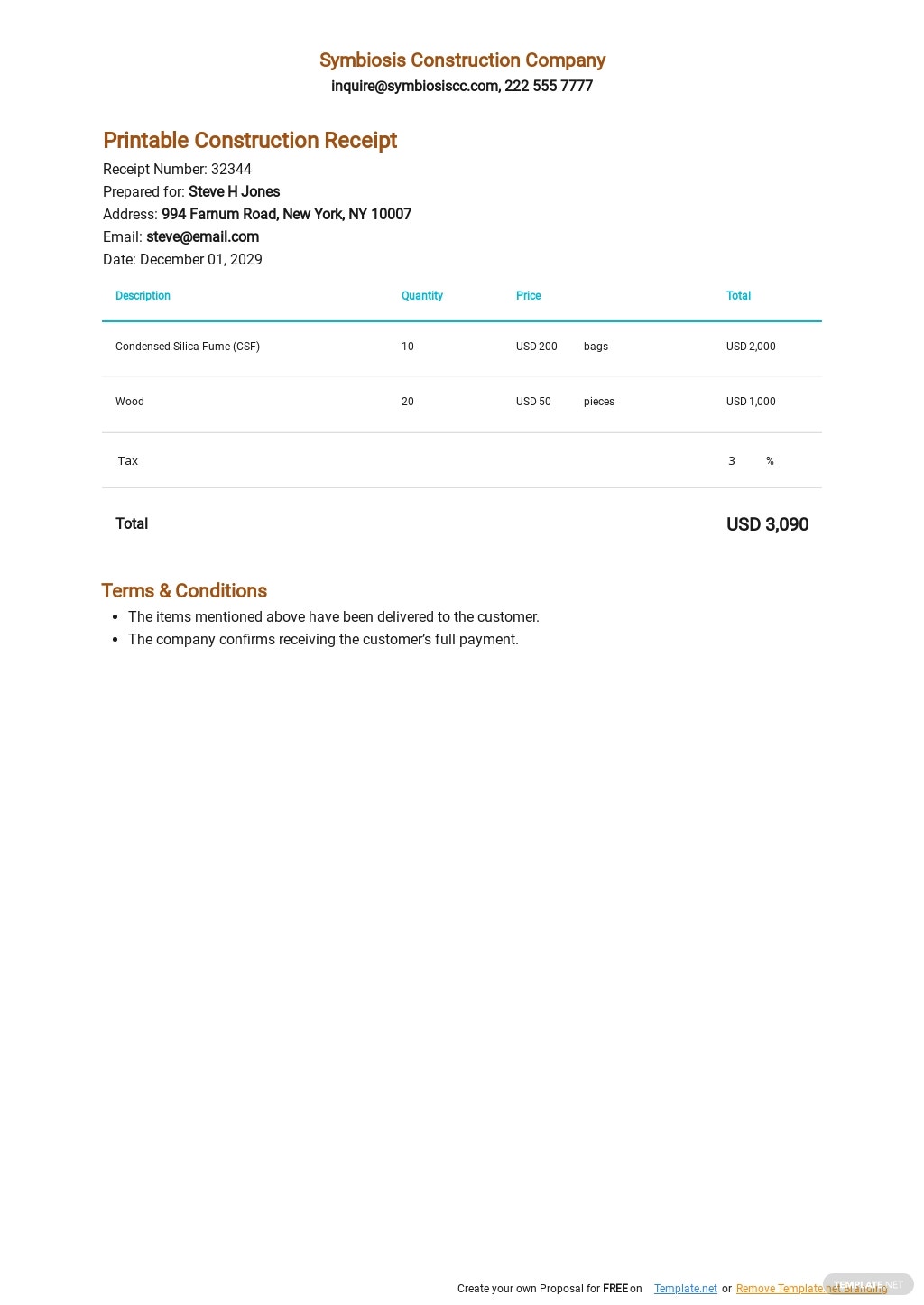 printable construction receipt template