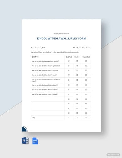 school withdrawal survey form template