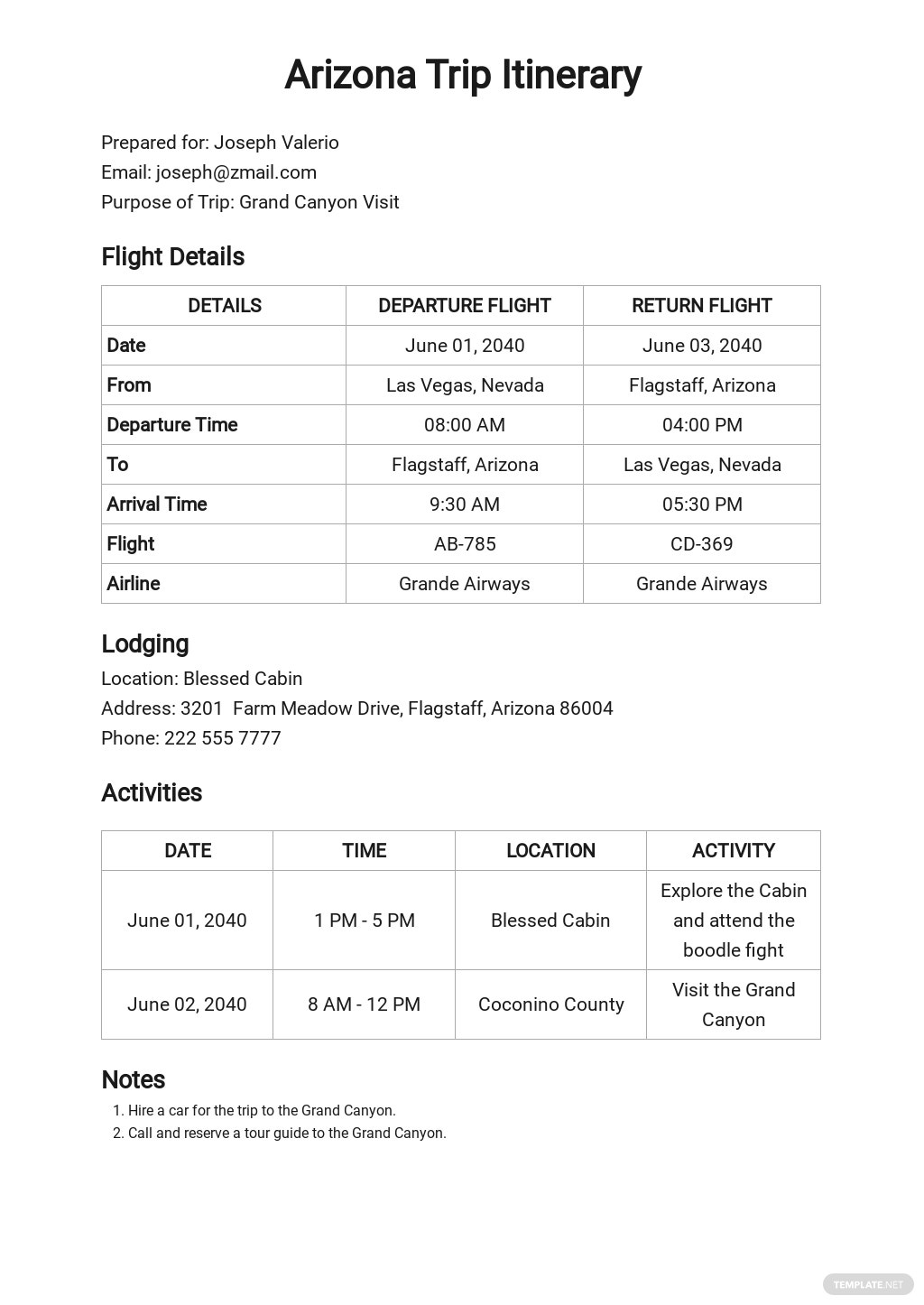 trip itinerary email