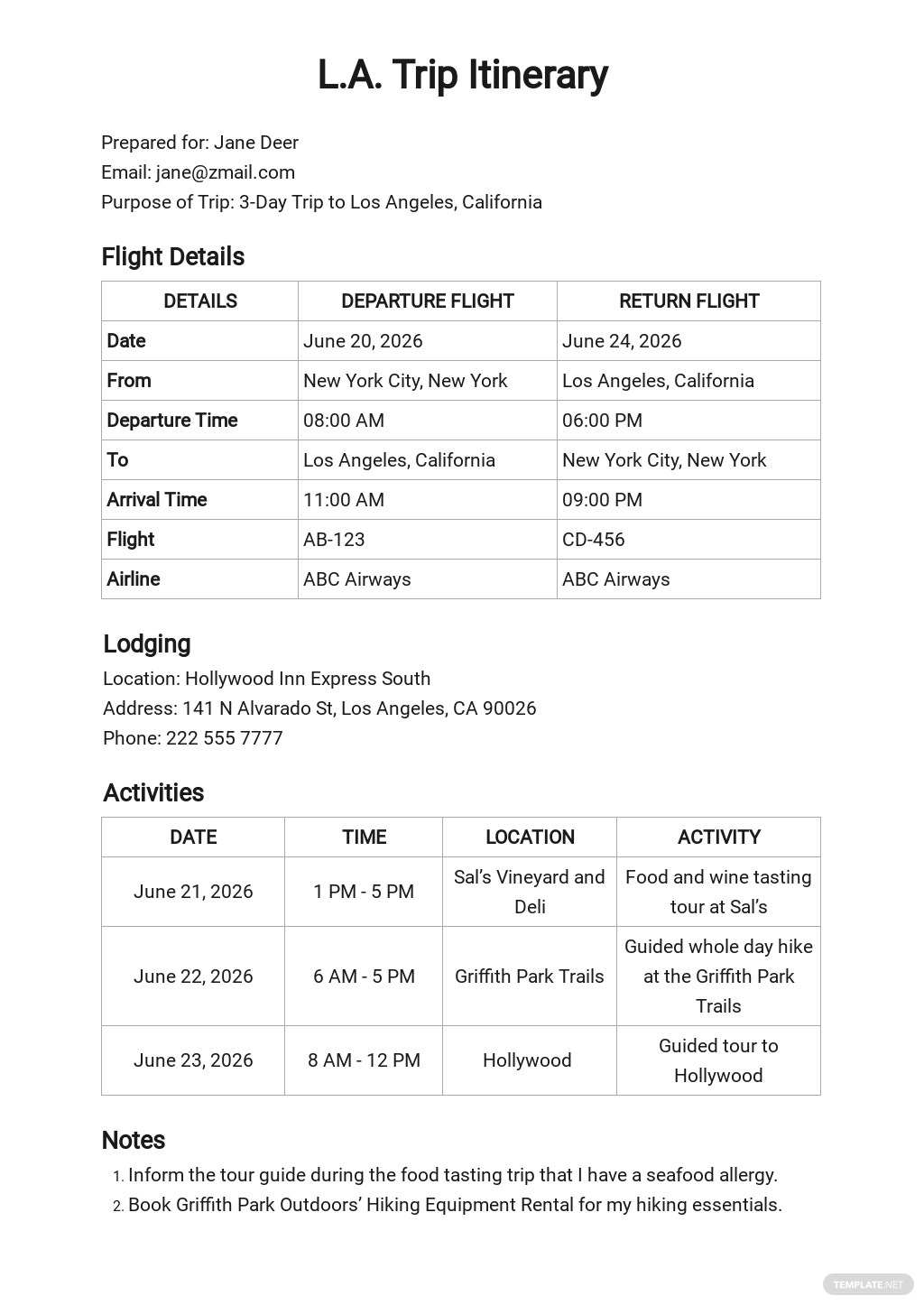 vacation itinerary planner template