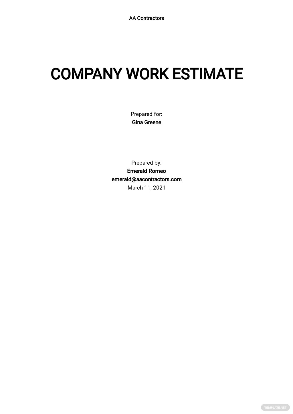 company work estimate template