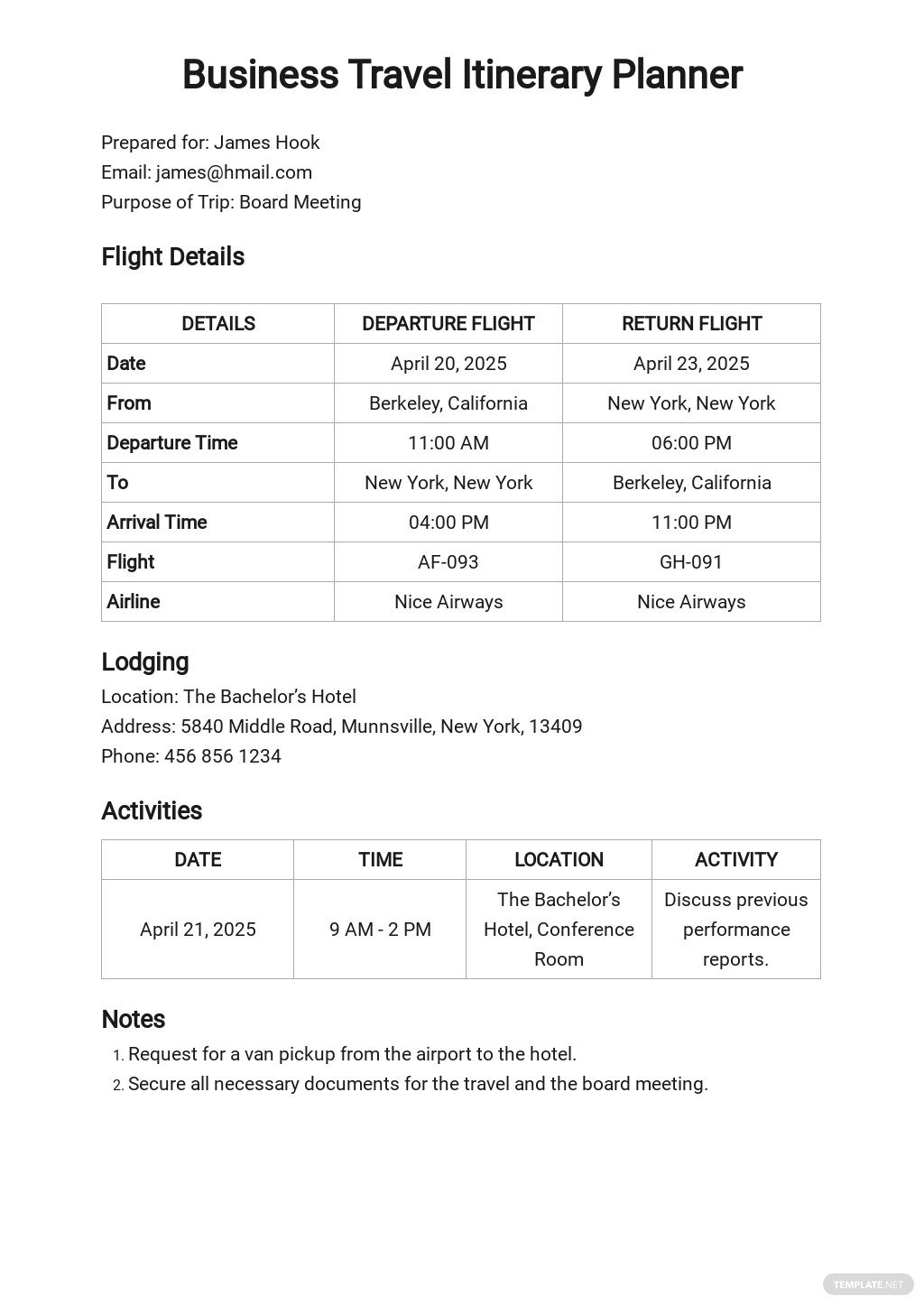business travel itinerary sample