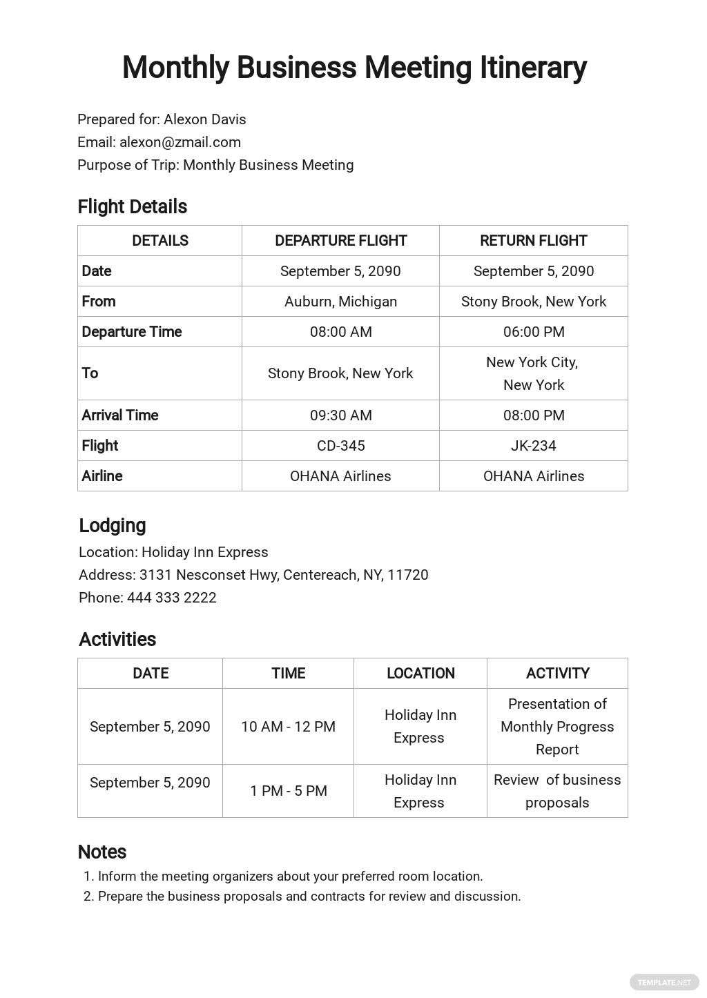 travel and meeting itinerary template