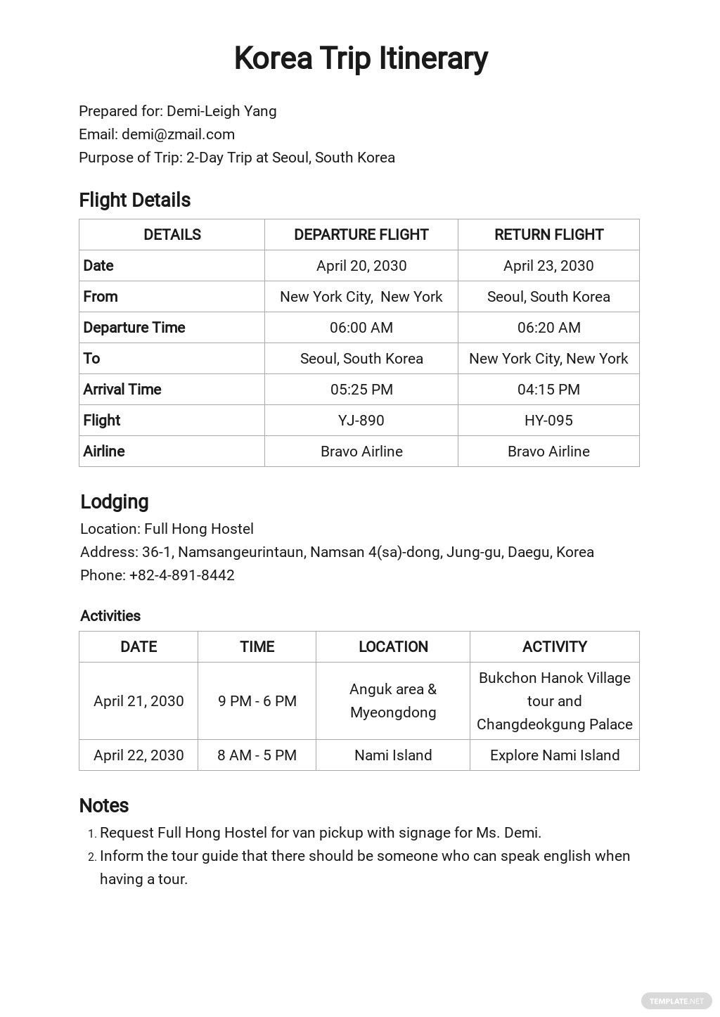 sampleflight itinerary template