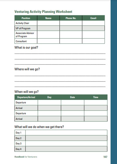 venture activity planner worksheet example