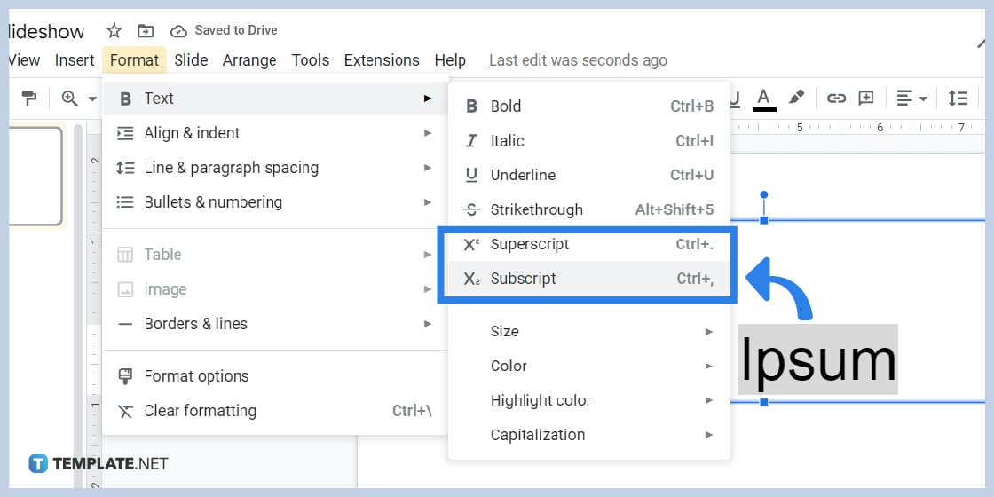 how to do subscript superscript exponent on google slides step