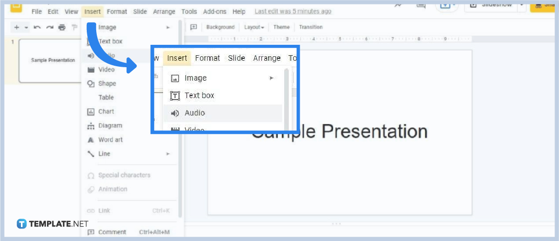 how to insert mp3 into google slides step