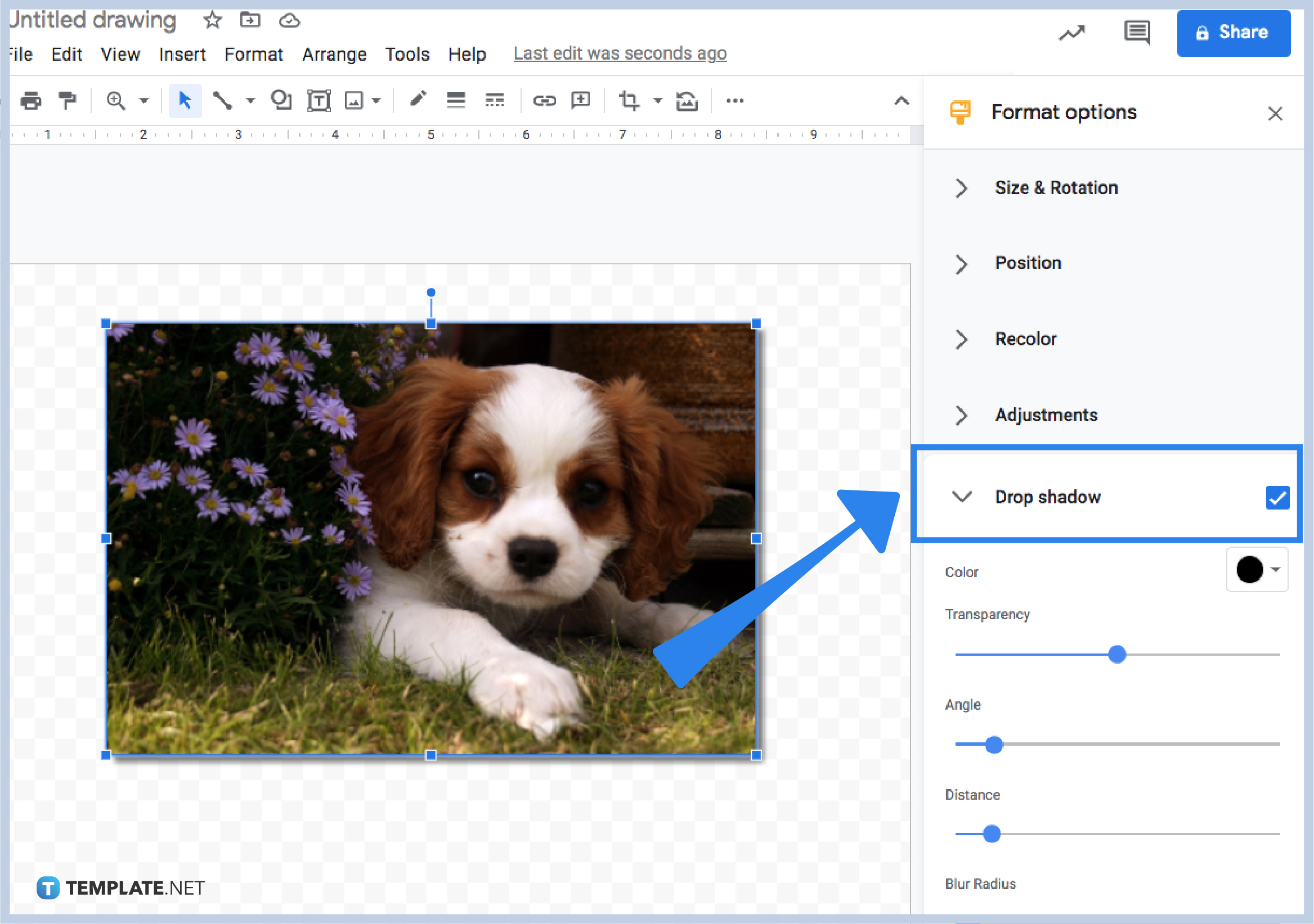 how to insert an image with a white border drop shadow on google drawings step
