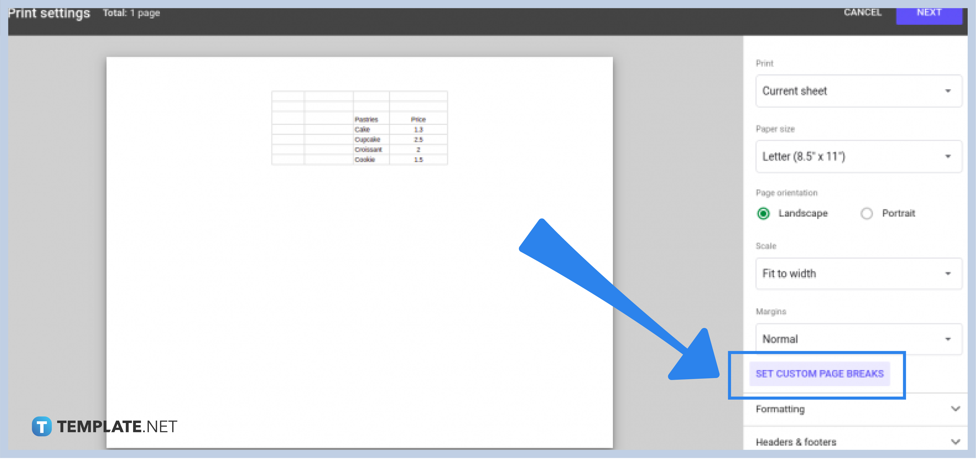 how to view page breaks in google sheets step