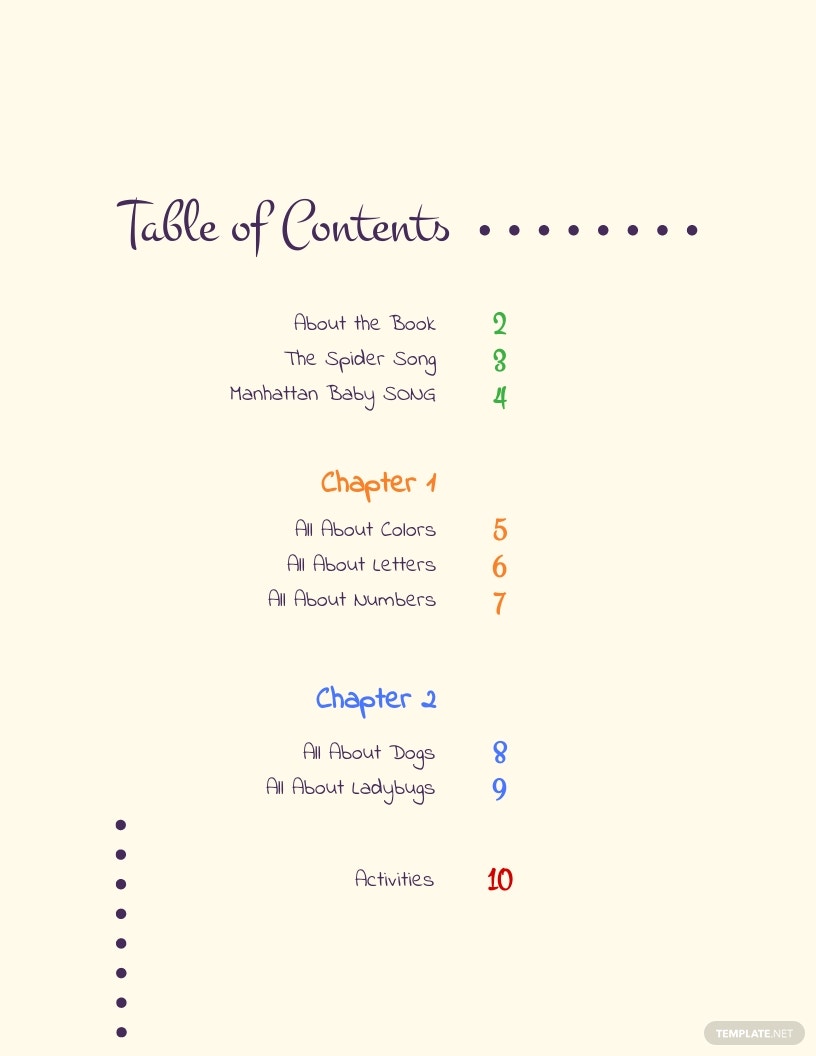 kids table of contents template