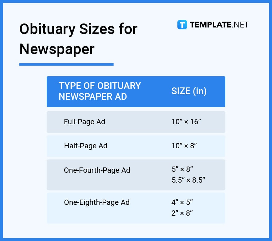 obituary sizes for newspaper
