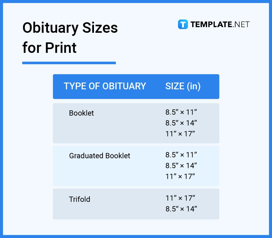 obituary sizes for print