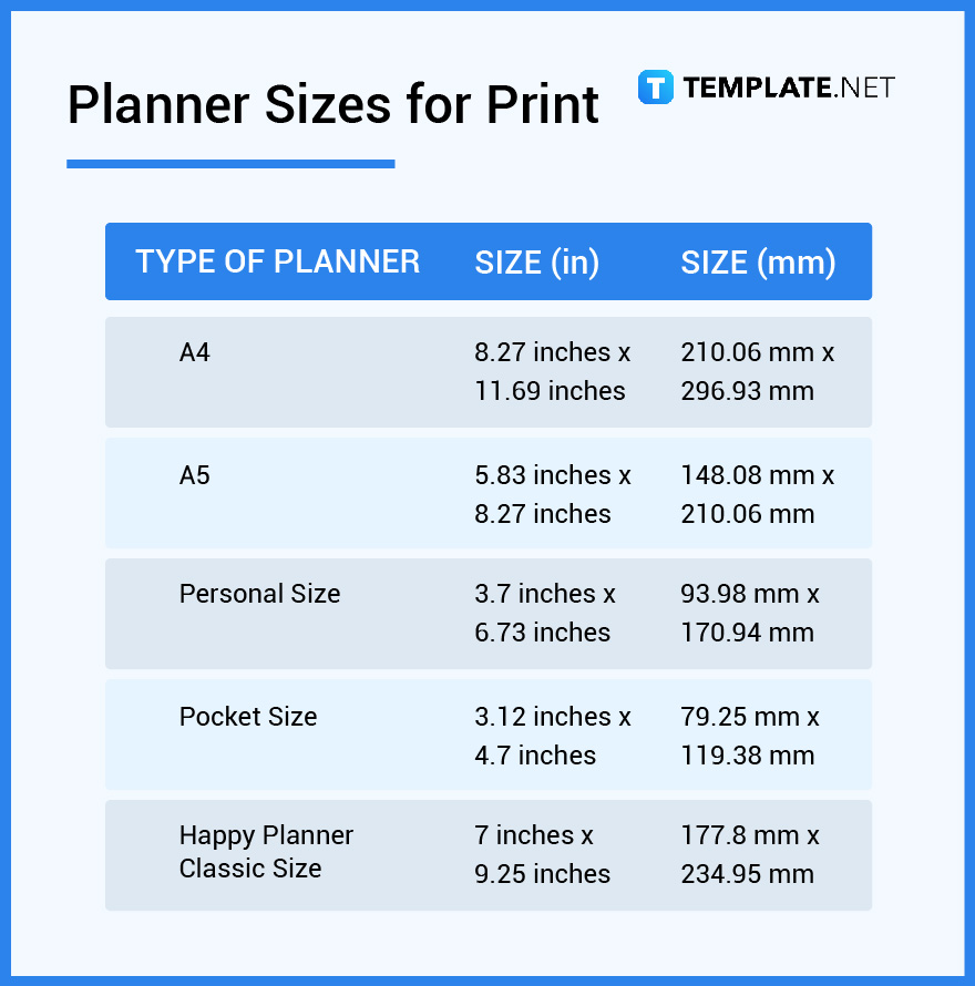 Planner Size Dimension Inches Mm Cms Pixel