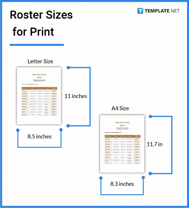 Roster Size Dimension, Inches, mm, cms, Pixel