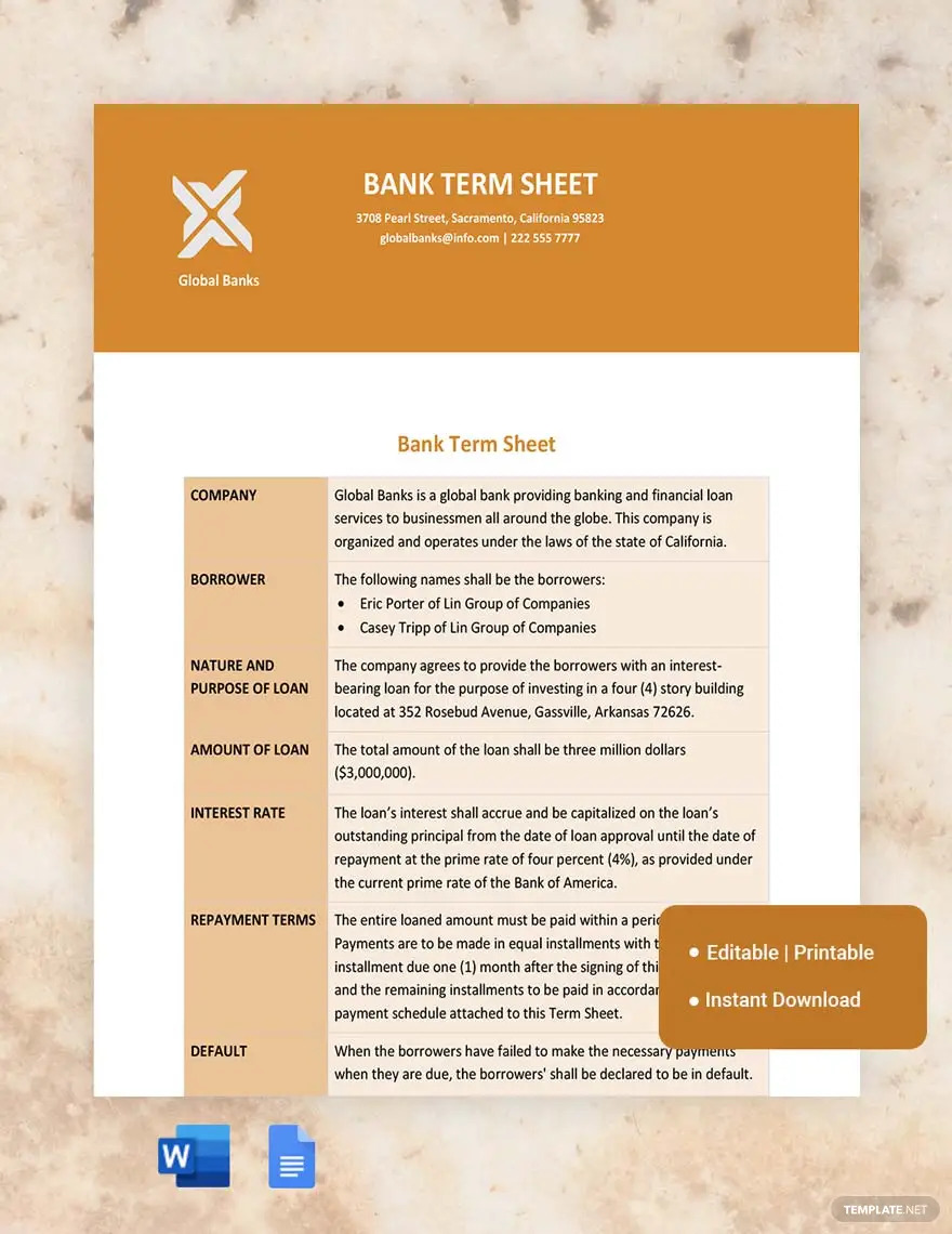 bank term sheet ideas and examples