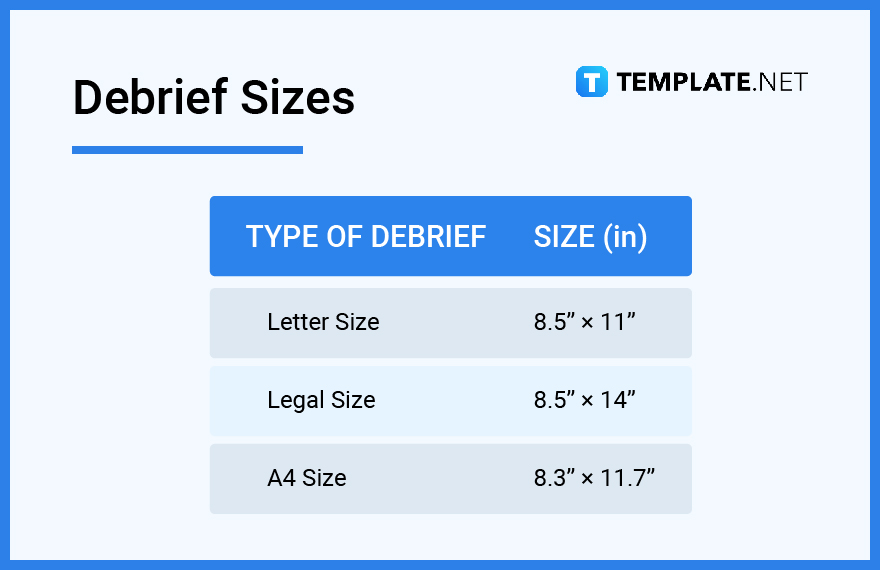 debrief sizes