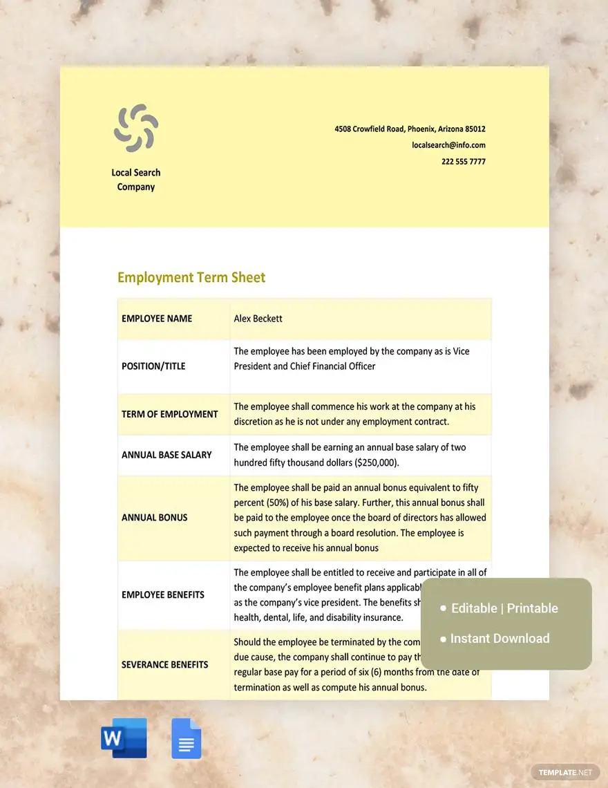 employment term sheet ideas and examples