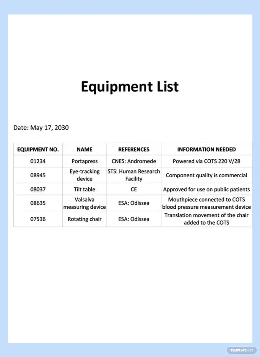 equipment list
