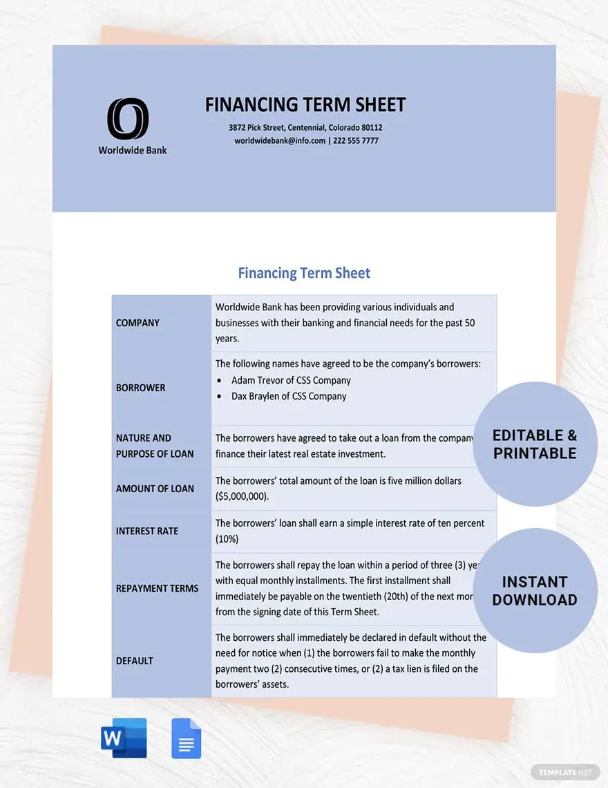 financing term sheet ideas and examples