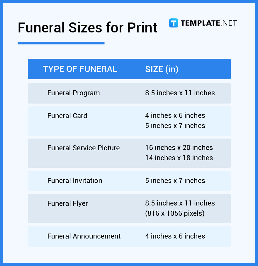 Funeral Size Dimension, Inches, mm, cms, Pixel