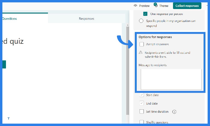 how to set time limit in microsoft forms step