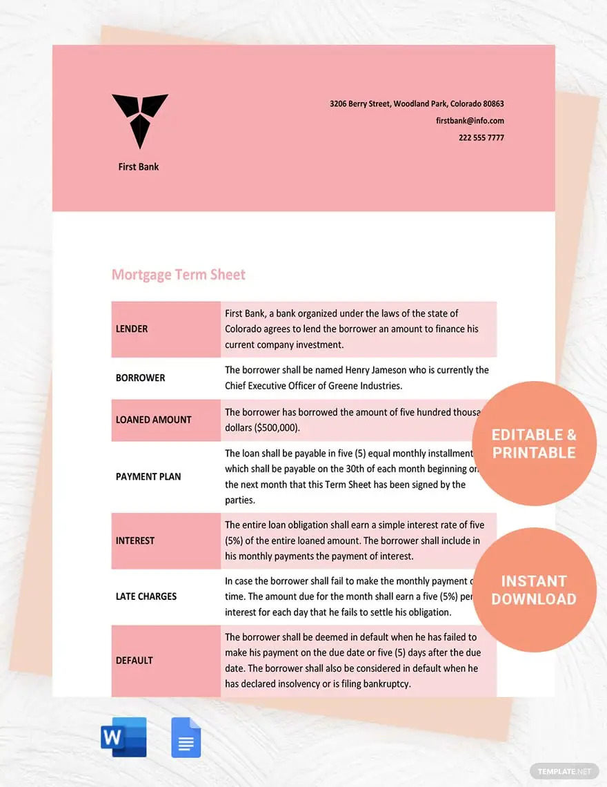 mortgage term sheet