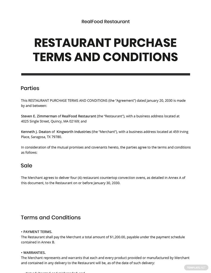 restaurant terms and conditions