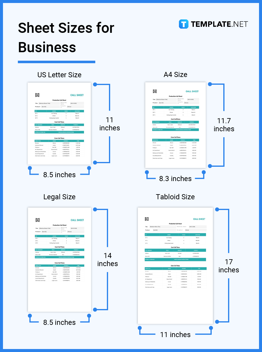 sheet sizes for business