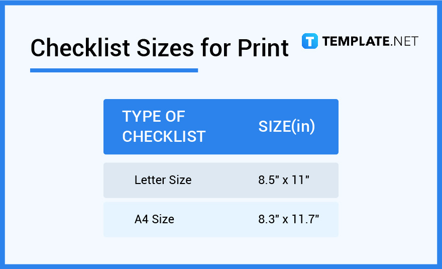checklist sizes for print