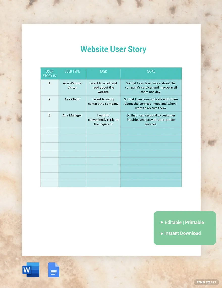 website user story