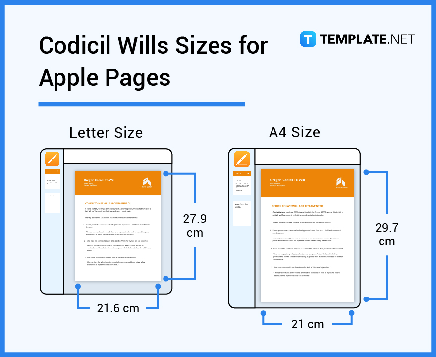 codicil wills sizes for apple pages