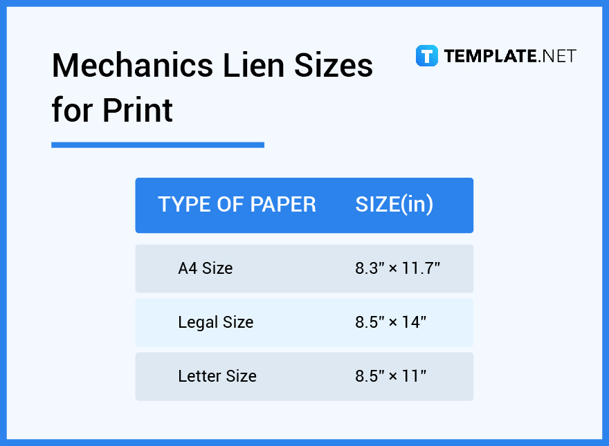 mechanics lien sizes for print