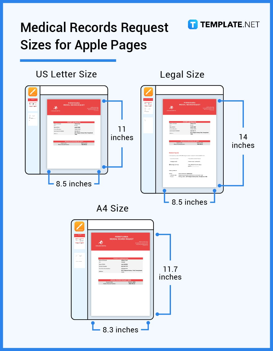 medical records request sizes for apple pages