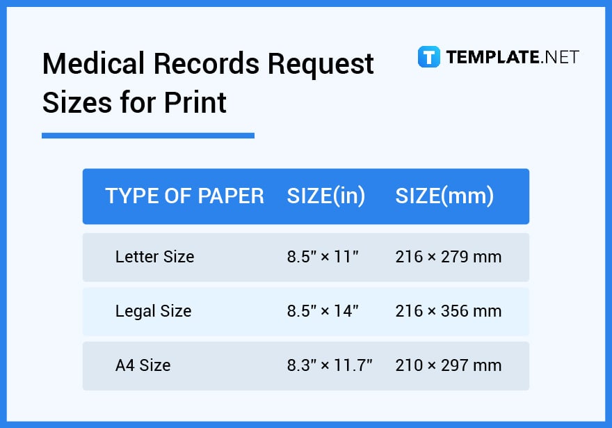 medical records request sizes for print