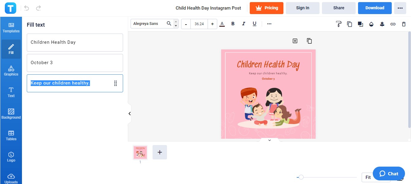 type in your child health day quote or slogan in the third fill text box