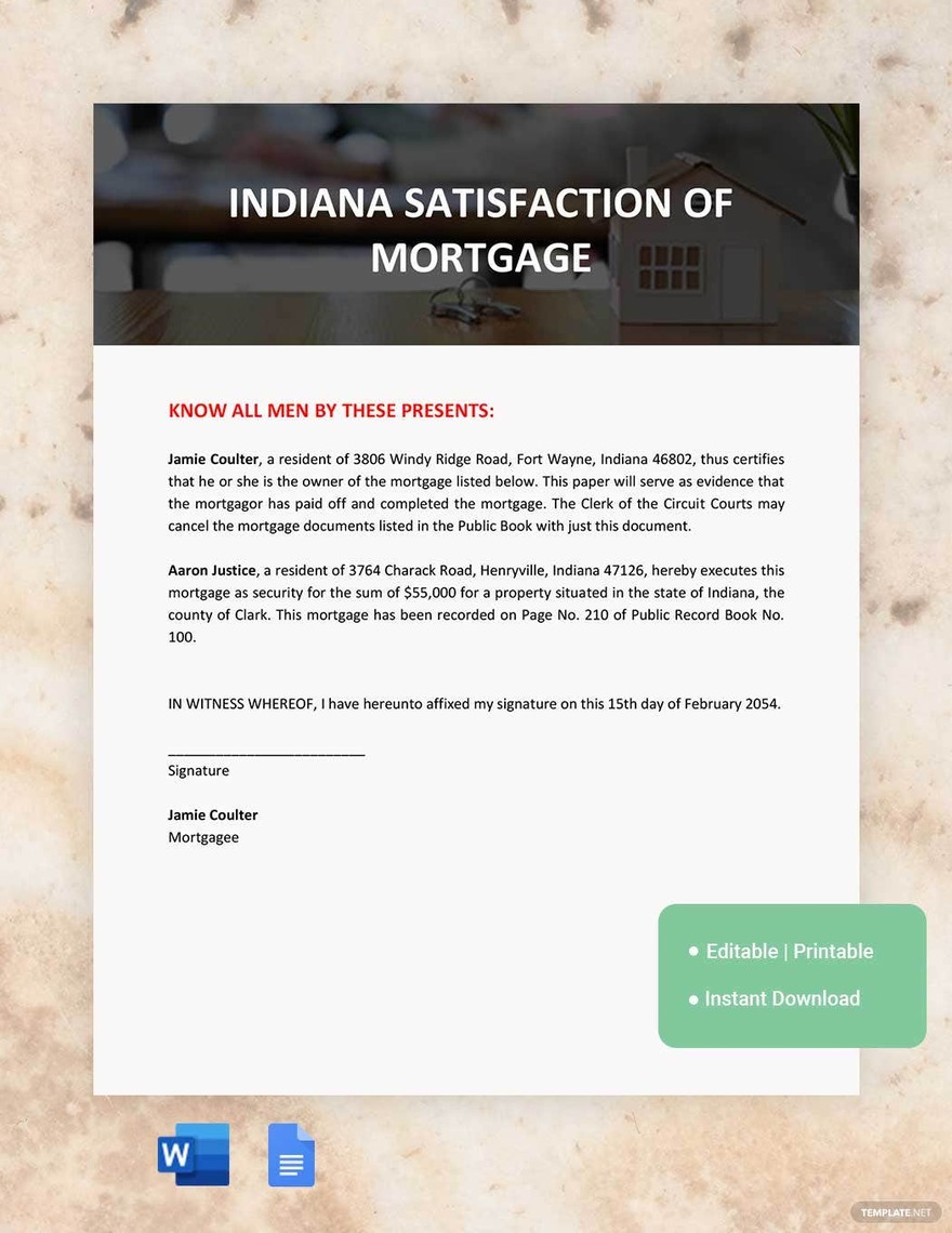 indiana satisfaction of mortgage