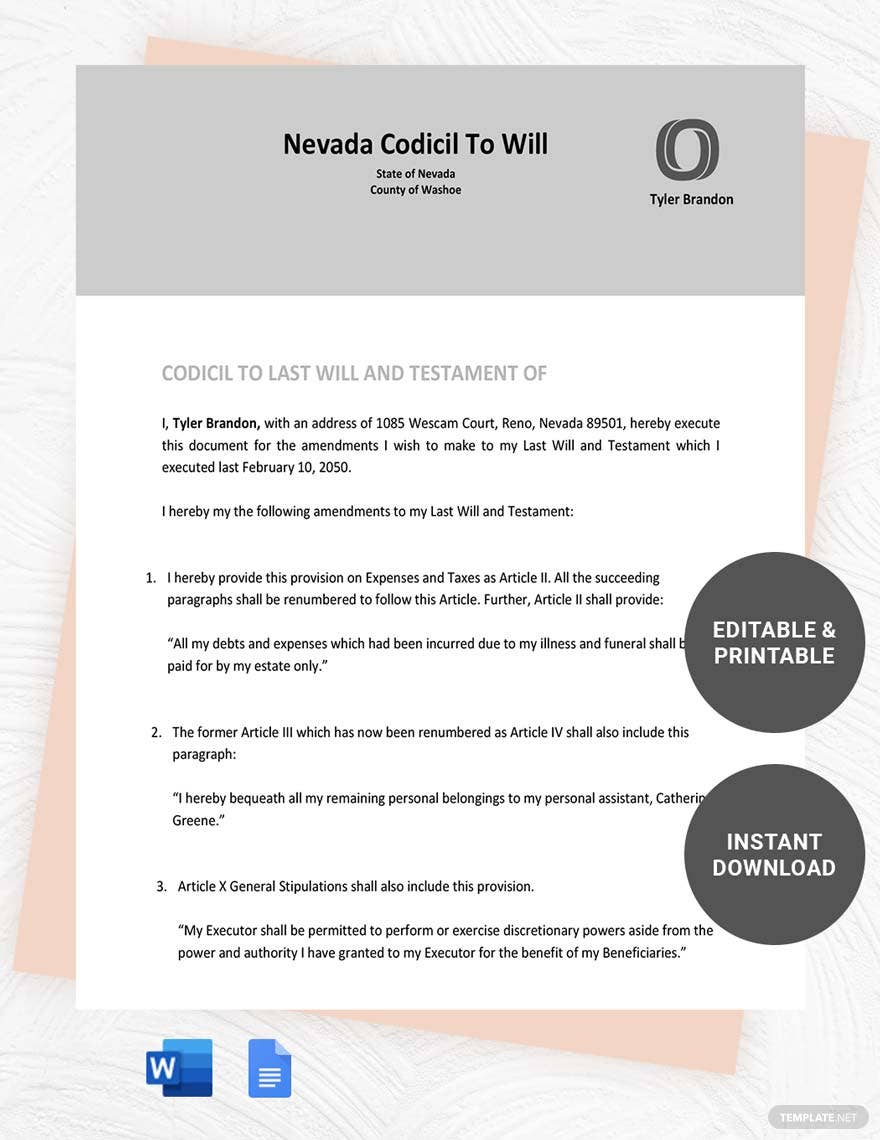 nevada codicil to will ideas and examples
