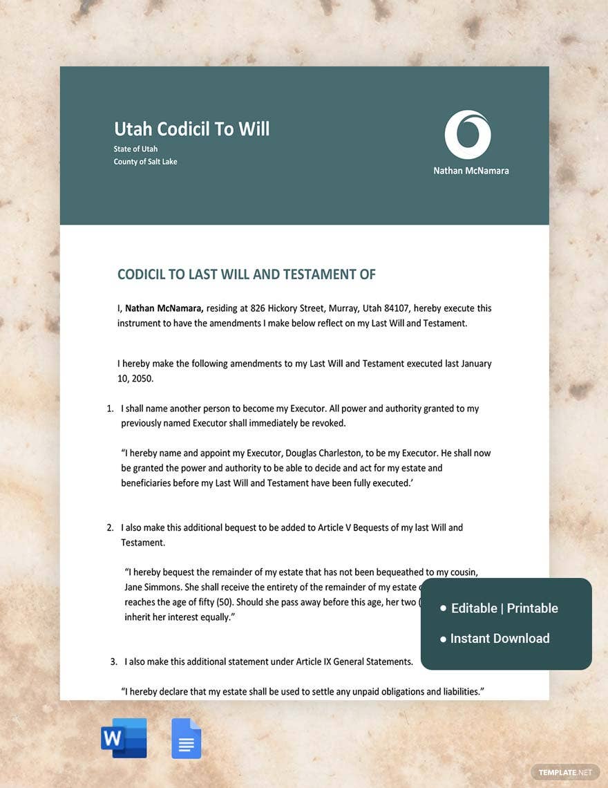 utah codicil to will ideas and examples